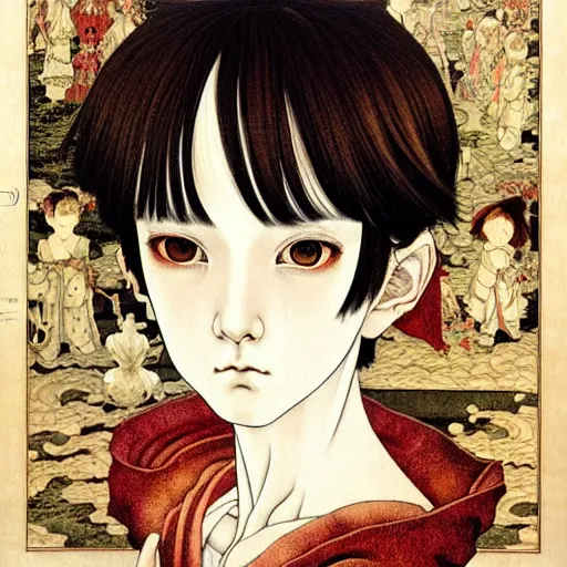 Image similar to prompt: Portrait painted in renaissance style drawn by Katsuhiro Otomo and Takato Yamamoto, inspired by Fables, china doll face, smooth face feature, intricate oil painting, high detail, sharp high detail, manga and anime 2000