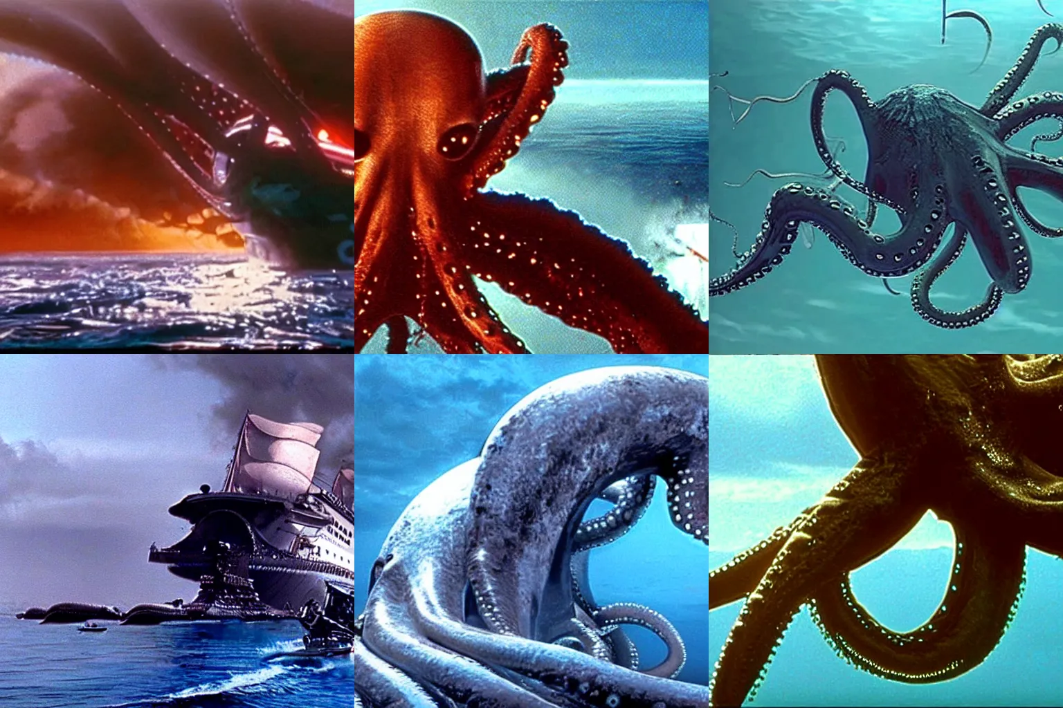 Prompt: screenshot from a James Cameron movie showing a giant octopus attacking an ocean liner