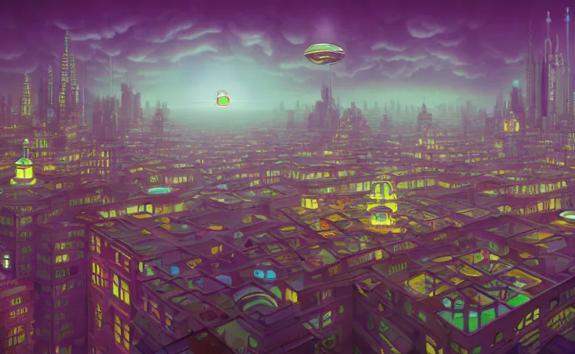 Prompt: Wide angle shot of a city with holographic fishes floating in the sky by James Gilleard, Mark Ryden, Wolfgang Lettl highly detailed, Dark cineamtic and atmospheric lighting