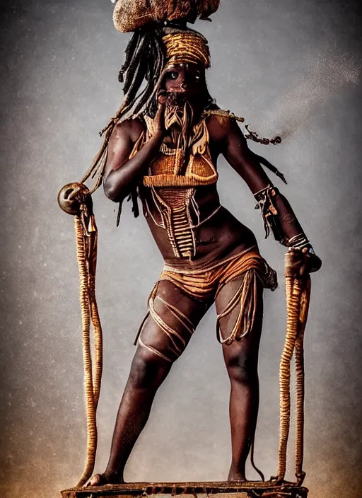 Image similar to old vintage full body photo of African ancient shaman female on the complex big steam punk hooverboard with antigravity engine, extreme sports photography , dynamic photography,clean symmetrical face, high speed,dirt and grawel flying in the spot, lens flares, dust in the air, dramatic lighting, intricate, highly detailed, centered, smooth, sharp focus, sports photography, old photo, black and white, sepia, cinematic lighting, cinematic angle, national geographic