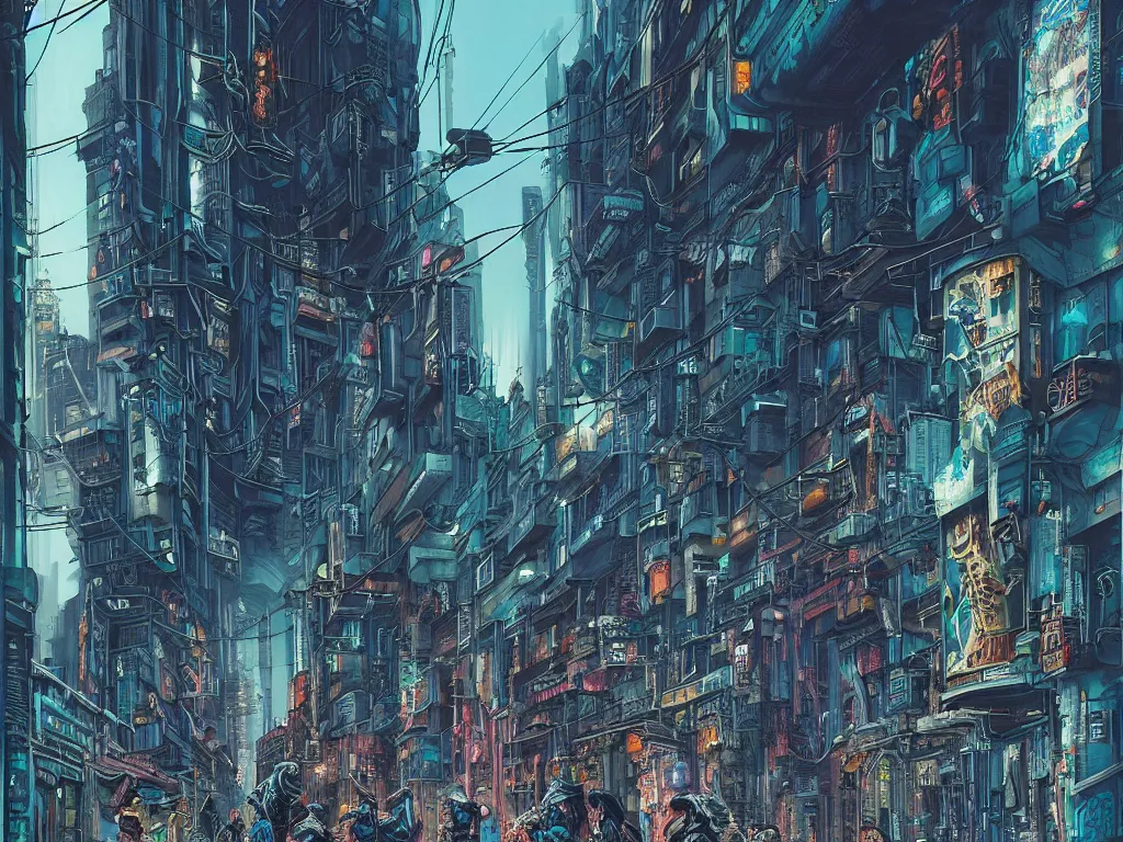 Prompt: a hyperrealistic and beautiful matte painting of a cyberpunk gang on the alleyway of a lofty city, gritty, cyberpunk ads, piping, cables, art deco architecture, graffiti, fine detail, intricate, polished, blue color scheme, cinematic lighting, digital art, illustratioin, by john smith and noriyoshi ohrai and tsutomu nihei