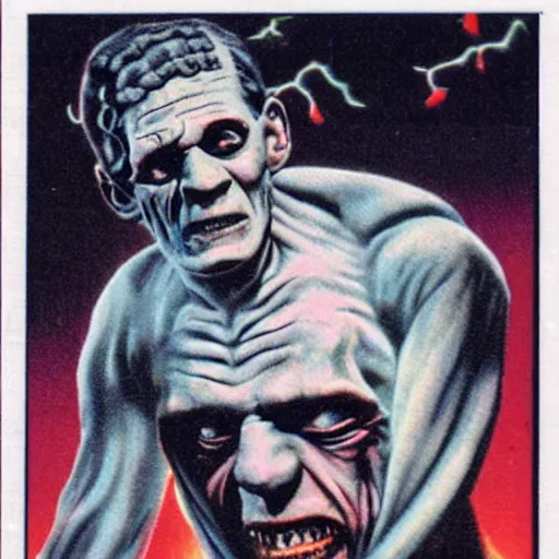 Image similar to Topps Collectable Card, Retro, Frankenstein, Holographic, 3D , Halloween Scene