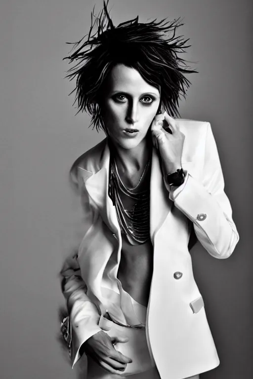 Prompt: stunning editorial fashion photography of katherine moennig with short blonde hair wearing a white suit jacket with no shirt, creative studio photography by patrick demarchelier,