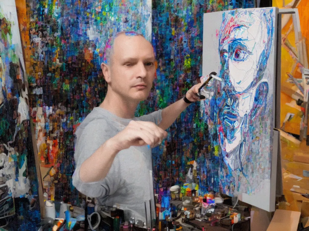 Prompt: an artificial intelligence painting a self - portrait in his studio