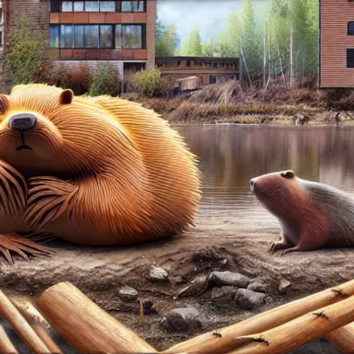 Image similar to photography hyperrealism concept art of anthropomorphic beavers builders that building city with sticks