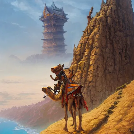 Prompt: a camel rider standing on the edge of a cliff looking far away at the huge tower of destiny, by mohrbacher, by andreas rocha, by james gurney, digital painting