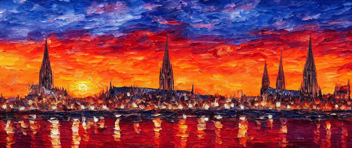 Prompt: burning oil painting of cologne, sunset, red color palette, high details, 4 k