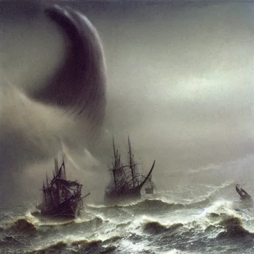 Image similar to an epic battle on the sea between 2 viking boats, raging waves, beksinski