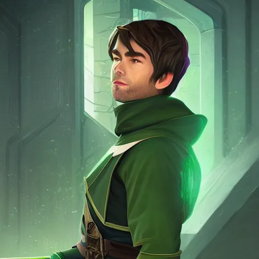 Prompt: Portrait of Chace Crawford as an elf ranger, pointy ears, wearing dark green hooded cloak and assassin's leather armor, mattepainting concept Blizzard pixar maya engine on stylized background splash comics global illumination lighting artstation lois van baarle, ilya kuvshinov, rossdraws