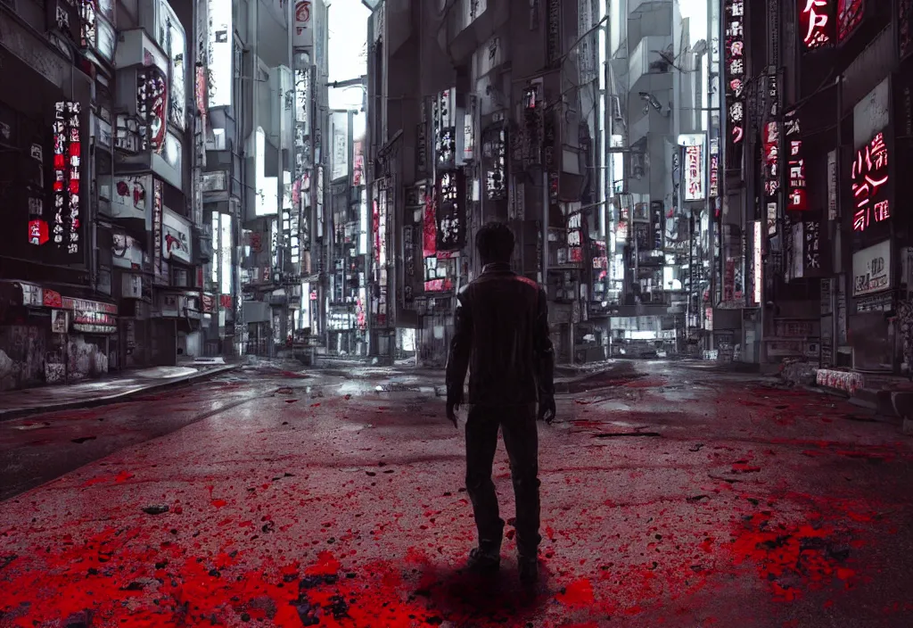 Image similar to tokyo city streets in blood, by cyberpunk style, max payne standing in blood, trending on artstation, cinematic, realistic buildings windows cars, realistic peoples, extreamly detailed, golden ratio, awesome greate composition, color balance harmony, physical correct light shadows, awesome exposition, like in real life, octane render 8 k, art by shonen gahosha, hyper realistic