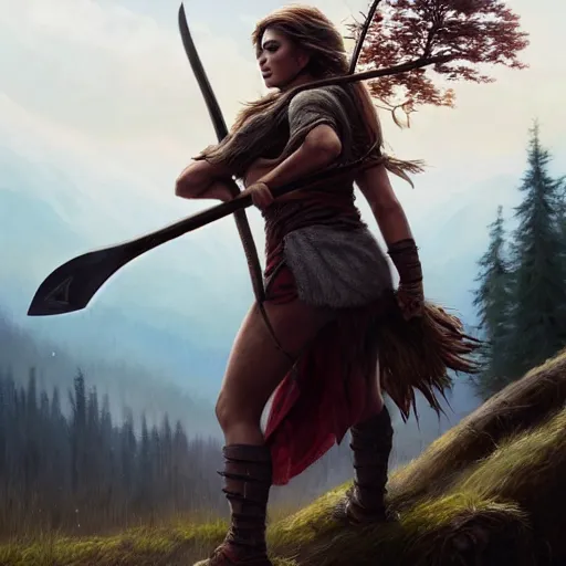 Image similar to a warrior, female, she carries an axe, the axe is resting on her shoulder, she is grabbing a nearby tree, looking onto the horizon, a big wolf is next to her, fall, mountain landscape, portrait by magali villeneuve and ames jean and artgerm and greg rutkowski, 4 k, artstation, realistic, cinematic composition, d & d