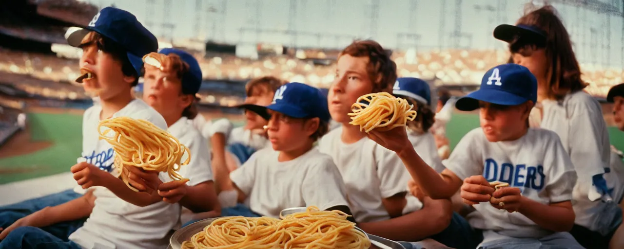 Prompt: eating spaghetti while watching baseball at dodger stadium, afternoon light, canon 5 0 mm, kodachrome, in the style of wes anderson, retro