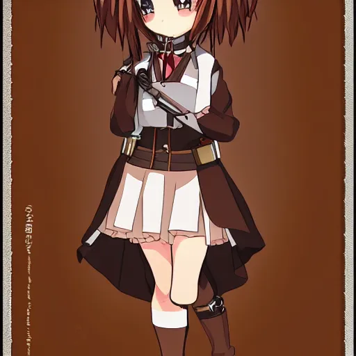 Image similar to anime girl steampunk officer, full body portrait, polaroid photograph, cinematic lighting, brown uniform, anime, studio ghibli, finely detailed,