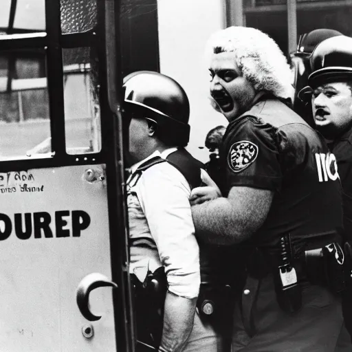 Image similar to big bird being arrested for inciting a riot, 35mm photo