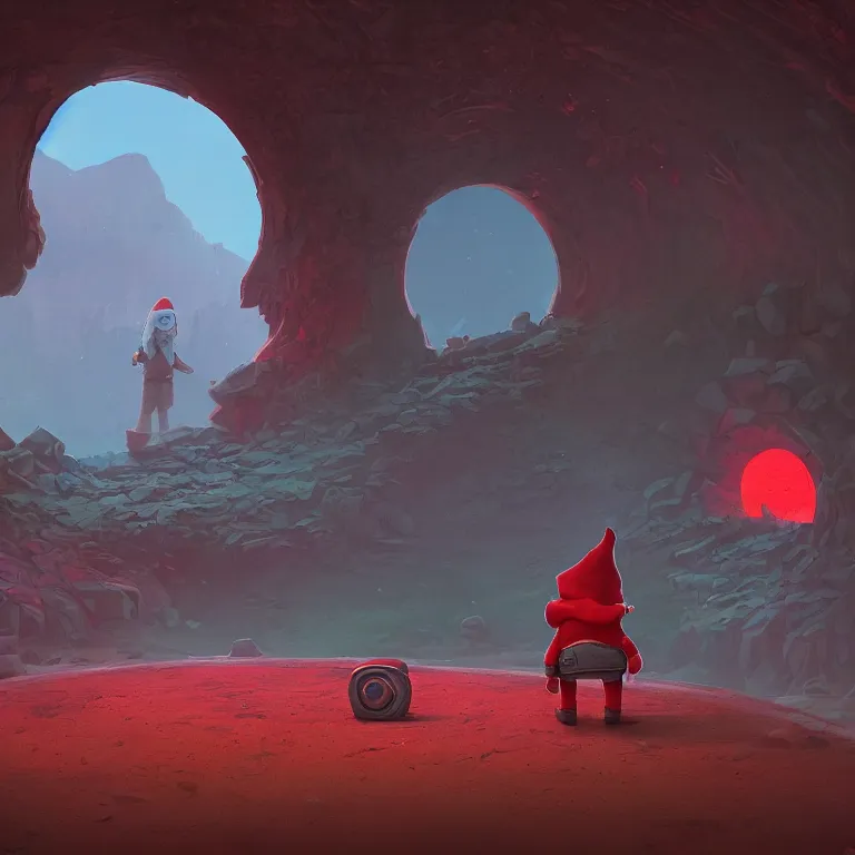 Image similar to a gnome standing in front of a circular portal, open to a red world. Detailed digital matte painting in the style of simon stalenhag