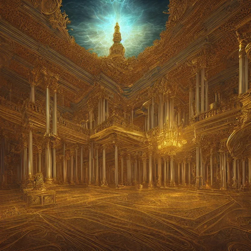 Image similar to photorealistic majestic eternal palace in the style of michael whelan and gustave dore. hyperdetailed photorealism, 1 0 8 megapixels, amazing depth, glowing rich colors, powerful imagery, psychedelic overtones, 3 d finalrender, 3 d shading, cinematic lighting, artstation concept art