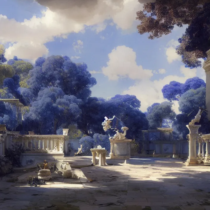 Prompt: gardens of marble draped in flowing sheets of cobalt blue satin and silver satin, by syd mead and ivan aivazovsky and alma tadema and pieter claesz and moebius and roger dean and august malmstrom and john berkey and rembrandt, hyperrealistic, volumetric light, octane render