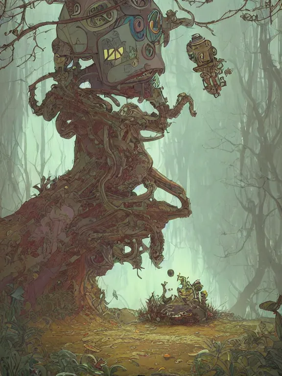 Prompt: large broken and abandonned robot sitting in forbidden forest with grass and mushrooms on its head, stylized illustration by peter mohrbacher, moebius, mucha, victo ngai, colorful comics style