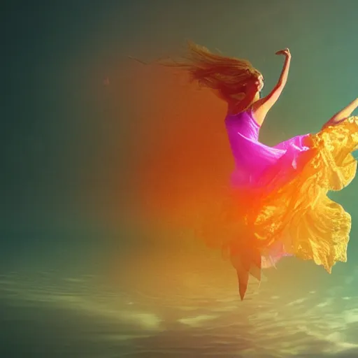 Image similar to woman dancing underwater wearing a flowing dress made of many layers of blue, magenta, and yellow translucent lace, elegant coral sea bottom, swirling silver fish, octane render, caustics lighting from above, cinematic