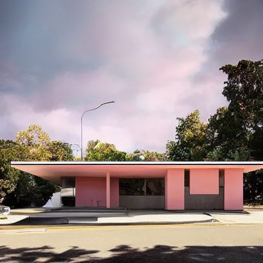 Image similar to modernist house inspired by a mcdonalds between big trees, light pink clouds, dramatic lighting, artstation, matte painting, raphael lacoste, simon stalenhag, frank lloyd wright, zaha hadid