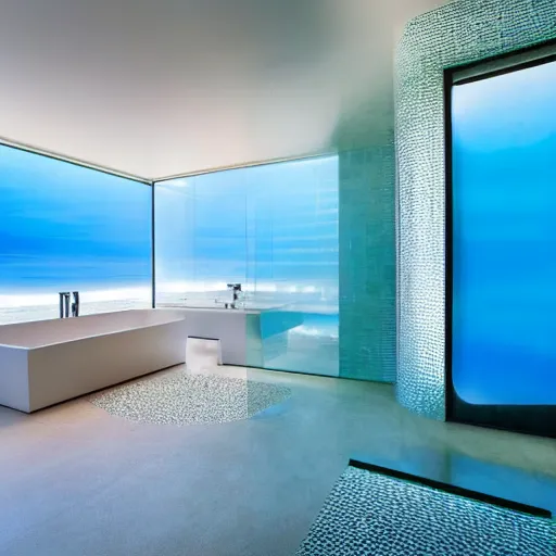 Prompt: Futuristic bathroom made of blue goo with a large window showing sea horizon at sunset