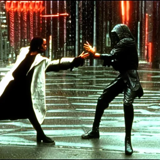 Image similar to the iconic matrix fight between neo and jar jar binks in the rain