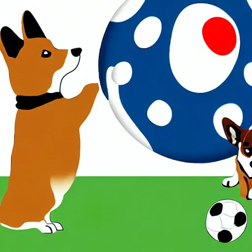 Image similar to illustration of french boy in paris playing football against a corgi who is wearing a polka dot scarf