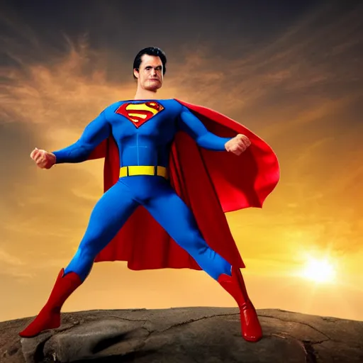 Image similar to superman floating in front of the sun, facing the camera, 4 k, highly detailed, extreme zoom