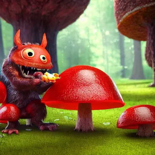 Image similar to a nature photo of a cute, adorable, fury monster eating bugs for lunch while sitting on a red mushroom in the fantasy forest, in the style of Pixar, extremely detailed, wide shot, sharp and detailed, Octane render