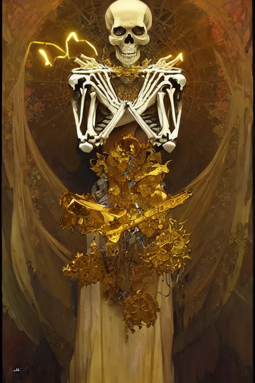 Image similar to A skeleton wearing golden mask, fantasy, crown, painting by greg rutkowski and alphonse mucha