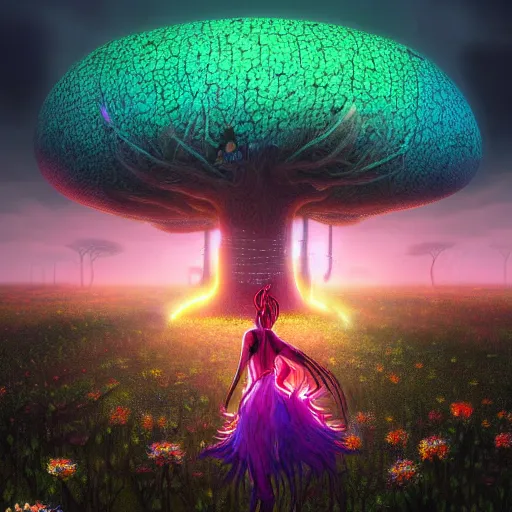 Image similar to an african cyberpunk hacker girl colorful dreadlocks plugged into a giant glowing baobab tree in the middle of a field of flowers at sunset in a lightning storm, by greg rutkowski and android jones in a surreal cyberpunk! style, oil on canvas, 8k hd, synthwave colors!!