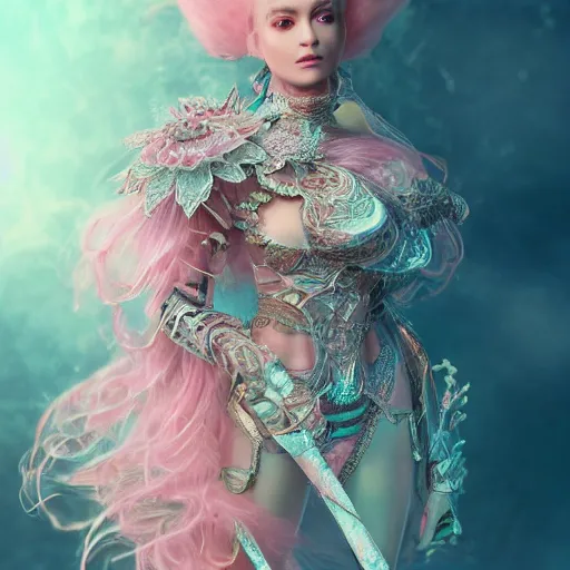 Prompt: a majestic woman wearing an intricate and detailed armor made of candy floss. layers. textures. delicate. elaborate. translucent. soft. ethereal. fragile. vulnerable. studio portrait. photorealistic. octane render
