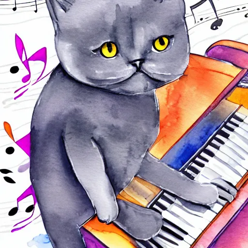 Image similar to grey british shorthair cat sitting playing piano keyboard with abstract musical note background detailed watercolor painting 4 k