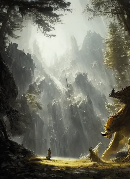 Prompt: A knight approaches the dragon's lair, ominous environment, stunning atmosphere, god light, light shafts, epic realm, in style of Ivan Shishkin and Greg Rutkowski