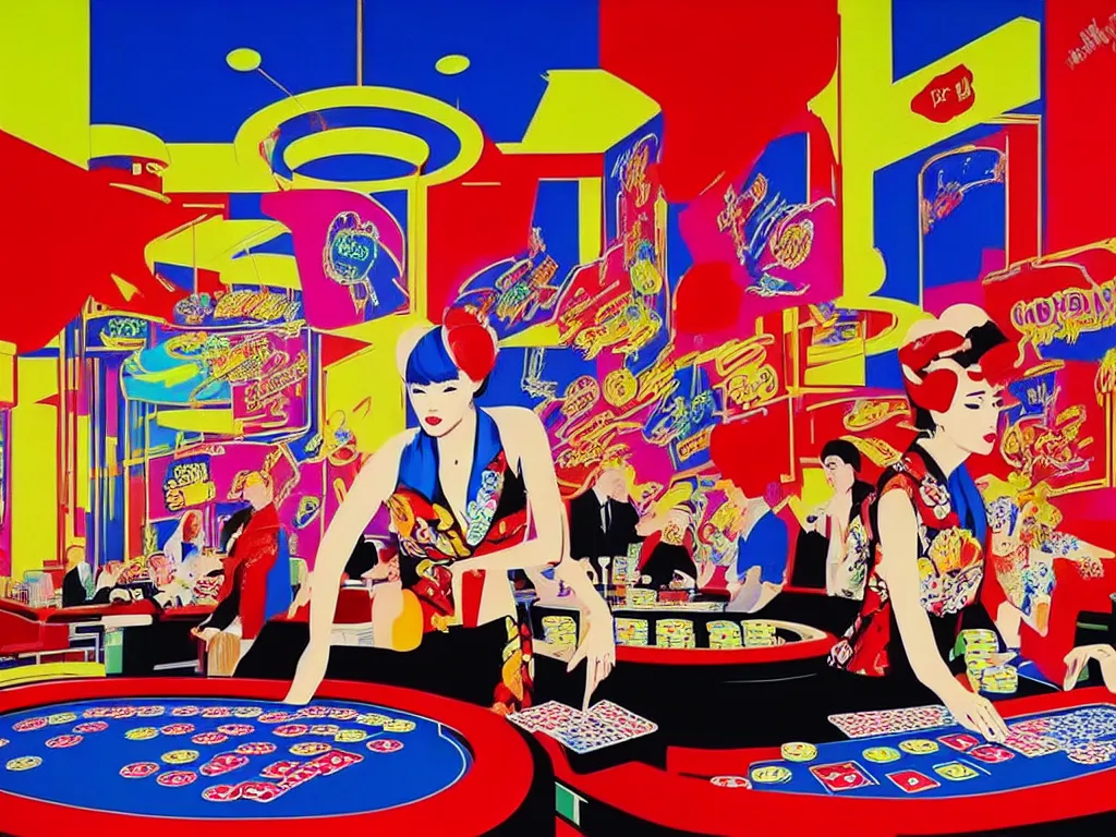 Prompt: hyper - realistic composition of a room in a casino with an extremely detailed poker table, croupier in kimono standing nearby fireworks in the background, pop art style, jackie tsai style, andy warhol style, acrylic on canvas