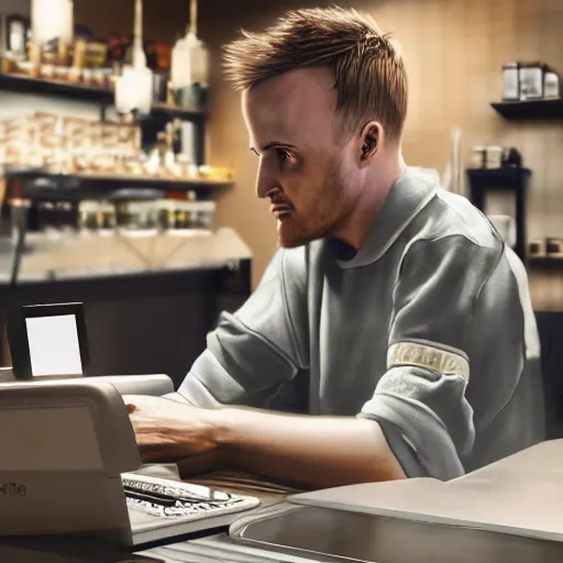 Image similar to Hyperrealistic ultradetailed digital art of Jesse Pinkman working at a coffee shop, realistic, detailed lighting, cinematic, trending on artstation and 500px and behance