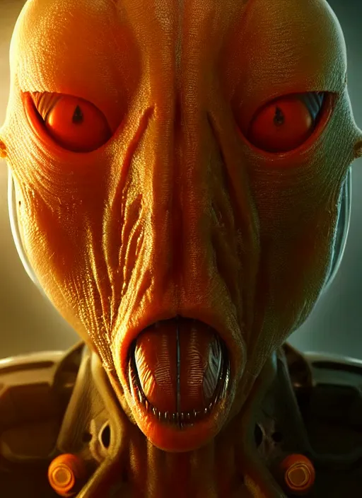 Prompt: portrait of a space alien, varying detailed skin, octane render, eyes containing a piercing red and yellow light, realistic render, detailed, ugly, slimy unreal engine, symmetrical!!, greg rutkowski and ruan jia, cinematic