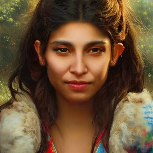 Prompt: portrait of a chilean woman ( 3 5 ) from chile in 2 0 2 1, an oil painting by ross tran and thomas kincade