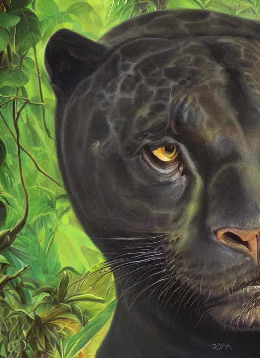 Image similar to a beautiful matte painting portrait of a black jaguar, close up, ayahuasca