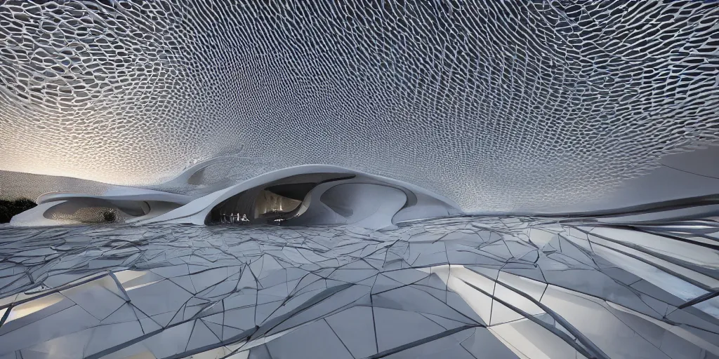 Image similar to extremely detailed ornate stunning sophisticated beautiful elegant futuristic museum exterior by Zaha Hadid, stunning volumetric light, sunset, concrete ant translucent material, stunning skies, 8k dragonfly structural pattern