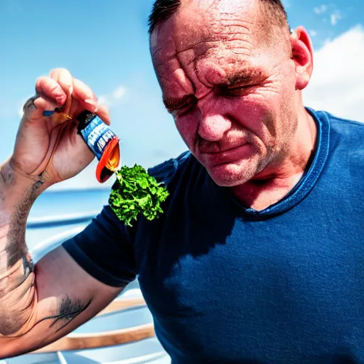 Image similar to a photograph of a real - life popeye the sailor man struggling to open a can of spinach, restaurant, fine dining,