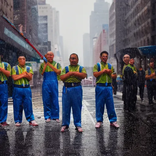 Image similar to closeup portrait of a group of cleaners fighting puddles traffic in rainy new york street, by Steve McCurry and David Lazar, natural light, detailed face, CANON Eos C300, ƒ1.8, 35mm, 8K, medium-format print