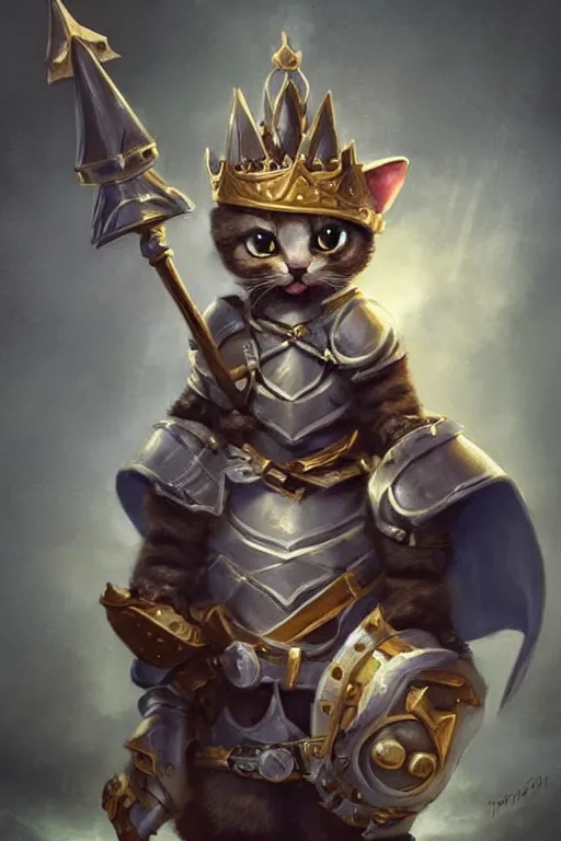 Image similar to cute little anthropomorphic cat knight wearing a cape and a crown, tiny, small, miniature cat , baby animal, short, pale blue armor, cute and adorable, pretty, beautiful, DnD character art portrait, matte fantasy painting, DeviantArt Artstation, by Jason Felix by Steve Argyle by Tyler Jacobson by Peter Mohrbacher, cinematic lighting