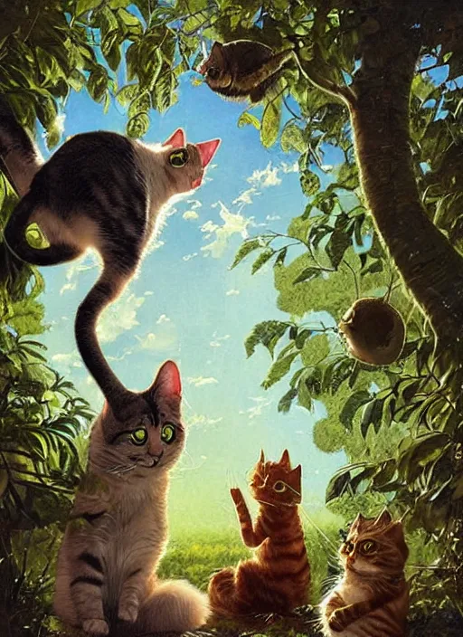 Image similar to a hyper realistic cat meeting an alien. and sunbeams blue sky, lush forest foliage painting by chiara bautista and norman rockwell and greg rutkowski weta studio, and lucasfilm