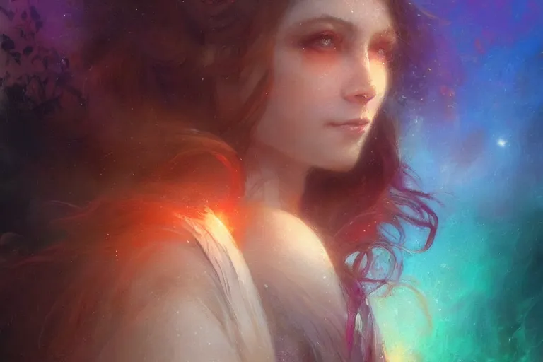 Prompt: A solemn rainbow withholding a gentle smile in the center, illustrated by Greg Rutkowski and Gaston Bussiere, vibrant illustrative lighting with red duotones of beautiful magnificence, volumetric lighting signifying the beautiful soul of those that have passed, trending on artstation, artstationHD, artstationHQ, artstation digital, artstation digital artwork, artstation digital painting, 4k, 8k, intricate, photorealistic imagery