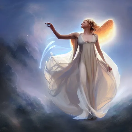 Image similar to a painting of an angel, a young woman with long blond hair and a halo smiling in heaven, jessica rossier