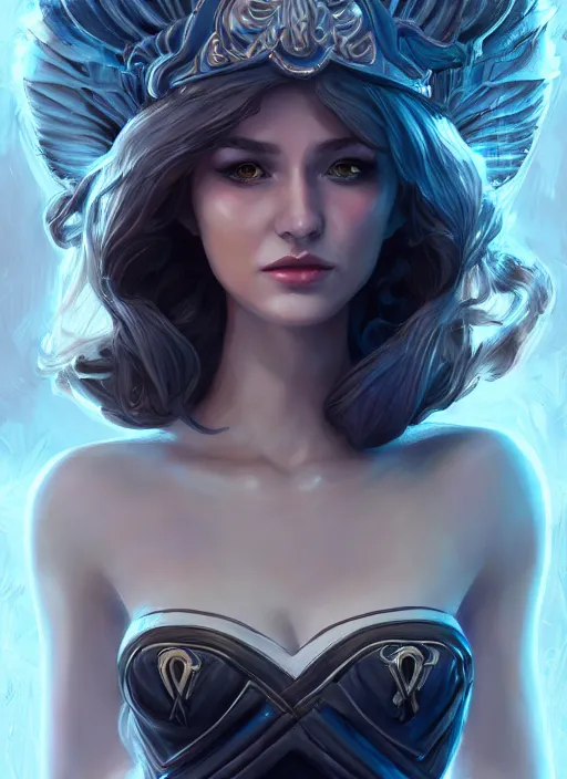 Image similar to beautiful fashion goddness, strapless dress, character portrait in the style of thomas river and artgerm, wlop, cinematic lighting, hyperdetailed, 8 k realistic, symmetrical, global illumination, radiant light, halo, love and mercy, frostbite 3 engine, cryengine, dof, trending on artstation, digital art, chanel