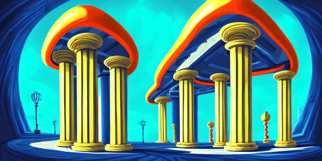 Prompt: curled perspective digital art of curly clouds casino door with marble columns by anton fadeev from nightmare before christmas