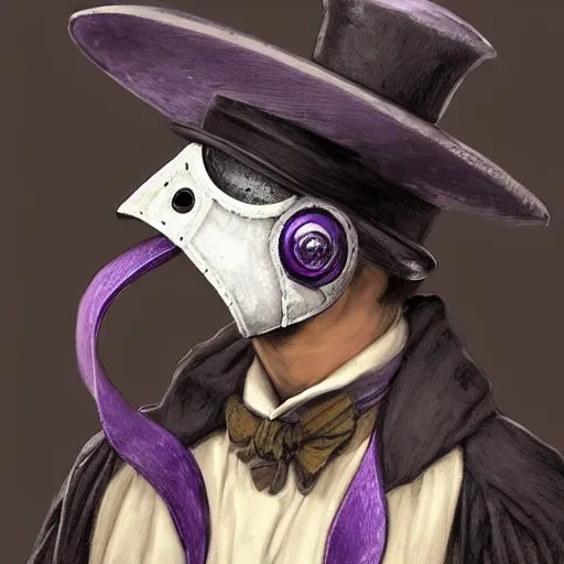 Prompt: mediaeval plague doctor wearing a top hat with a purple ribbon, intricate, epic, highly detailed, digital painting, artstation, concept art, smooth, sharp focus, illustration, unreal engine 5, 8 k, art by artgerm and greg rutkowski and alphonse mucha