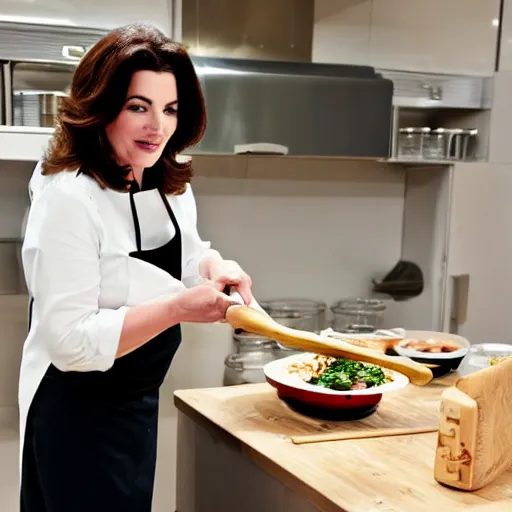Prompt: nigella lawson cooking a meal in the kitchen